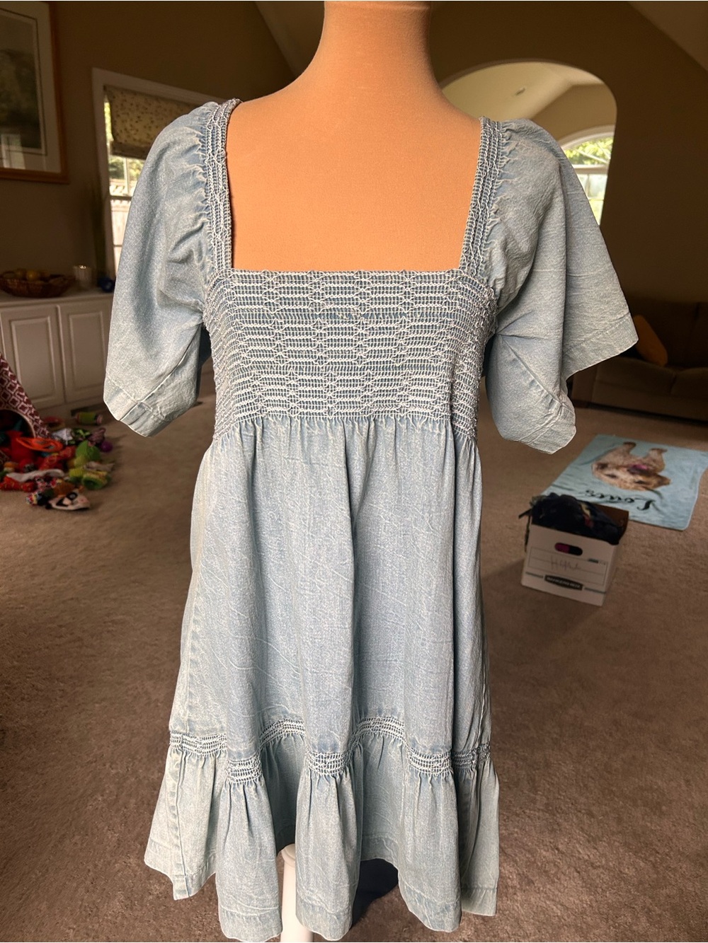Free People Light Blue Smocked Cotton Tiered Dress